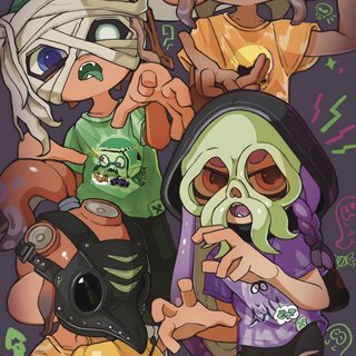 some cartoon characters are posing for the camera Splatoon Halloween Splatoween Official Art, Splatoon 3, Splatoon 3 Iphone, Splatoon Art, dark slate gray