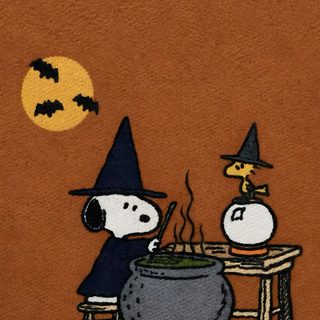 snoop and his witch friend roasting soup in front of the full moon on halloween Snoopy Halloween Iphone Iphone Halloween Aesthetic, Fall I Phone, Cute Retro Halloween, saddle brown