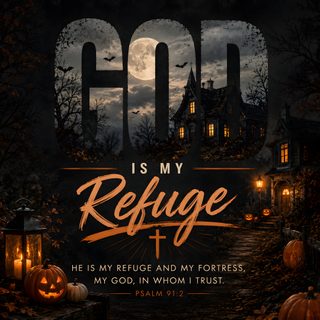 an image of a creepy house with pumpkins on it and the words god is my refuge God Halloween black