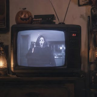 an old tv sitting on top of a wooden dresser in front of a halloween scene Halloween For Tv black