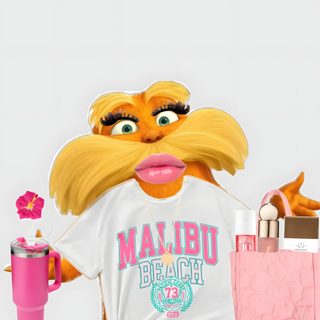 the muppet is holding a pink cup and some items in his hand, while he's wearing a t - shirt that says miami beach Preppy Lorax Halloween gainsboro
