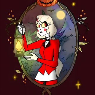 a cartoon character holding a lantern in front of a mirror with pumpkins on it Happy Halloween Charlie Morning Star, black