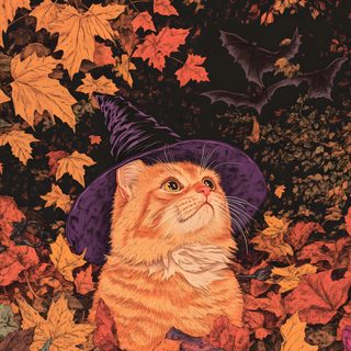 an orange and white cat wearing a purple witches hat surrounded by leaves with bats in the background Orange Cat Halloween Vintage Halloween Cat, Halloween Character Ideas, Spooky Cat, October Cat, sienna