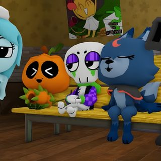 five cartoon characters sitting on a bench in a room Dandys World Halloween Toons Halloween Toons, Halloween Dandys World, Halloween Toons Dandys World, dark olive green