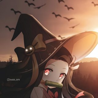 a woman in a witches hat with birds flying above her and the sun behind her Nezuko Kamado Halloween Nezuko Thanksgiving, Nezuko 4k Iphone, Anime Kawaii Halloween, dark olive green