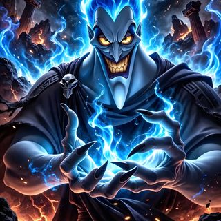 an evil villain with blue hair and glowing eyes Halloween Disney Villains Heroes And Villains, Disney's Hercules, Hades Disney 4k, dark slate gray