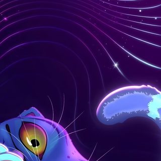 a blue cat laying on top of a bed under a sky filled with stars and swirls Halloween Kpop Demon Hunters Demon Hunter Band, Whatsapp, Kawaii, Art Animalier, midnight blue