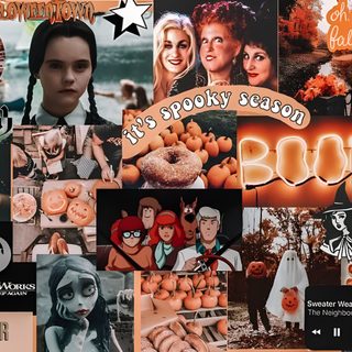 a collage of halloween images with the word boo spelled out in orange and black Halloween Collage Chromebook Halloween Aesthetic Laptop, Halloween Tablet, Halloween Aesthetic Collage Laptop, sienna