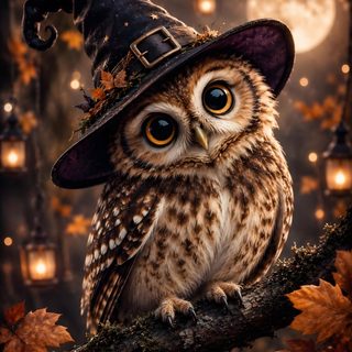 an owl wearing a witches hat sitting on a tree branch with lights in the background Halloween Owl Owl With Witch Hat, Halloween Owl Painting, Owl With Witch Hat Illustration, dark slate gray