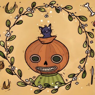 an illustration of a pumpkin surrounded by other halloween related items, including cats and dogs Old Ways Halloween Over The Garden Wall Ipad, Over The Garden Wall Laptop, Over The Garden Wall Desktop, burlywood