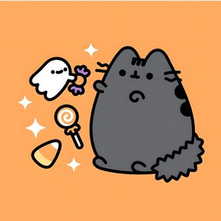 a cartoon cat with a candy and ghost on an orange background Halloween Pusheen Pusheen Cute, Halloween Cute, Pusheen Cat, Capa De Caderno Personalizada, sandy brown