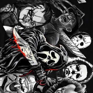 a black and white drawing of a group of people with masks on their faces, one holding a knife Halloween Killers black