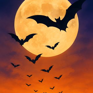 bats flying in front of a full moon at night with orange and blue sky background Halloween Bats Moon sienna