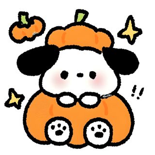 a drawing of a dog in an orange outfit with stars and pumpkins around it Pochacco Halloween Halloween Sanrio Drawings, Pochacco Pumpkin Carving, Pochacco Fall, white