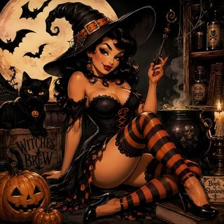 a painting of a woman dressed as a witch Halloween Pin Up black