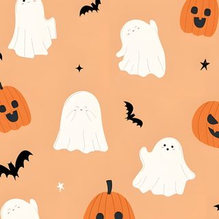 halloween pumpkins and ghost faces on an orange background Preppy Halloween For Laptop burlywood