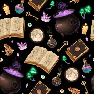 a pattern with books, caulders and other items on it's surface Dnd Halloween Halloween, Witchy Halloween Iphone, black