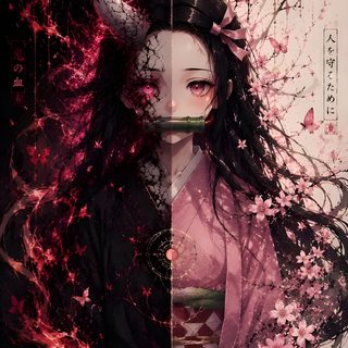 a woman with long hair and horns standing in front of a tree filled with pink flowers Nezuko Kamado Halloween dark slate gray