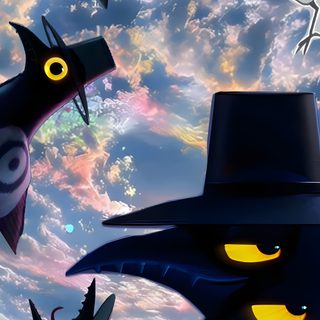 an animated halloween scene with cats and bats flying in the sky, including a witch's hat Kpdh Halloween Migration Fanart, K-pop Demon Hunters Backgrounds, Cute K-pop Demon Hunters, slate gray