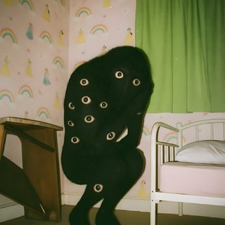 a person standing in front of a bed with eyes on it Weirdcore Halloween Backroom Monster, Liminal Monsters, Dreamcore Monsters, Weirdcore Terror, dark olive green