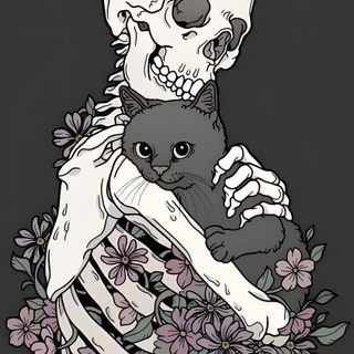 a skeleton holding a cat in its arms with flowers around it canvas print on black background Kitty Skeleton Halloween Cats Skeleton, Anime, Edgy, Skull, Stuffed Animals, Cat, dark slate gray
