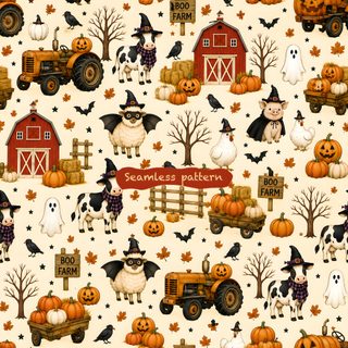a halloween themed pattern with pumpkins and farm animals Halloween Farm Farm Animals, Seamless Patterns, Fashion Outfits, Halloween, Animals, Pattern, blanched almond