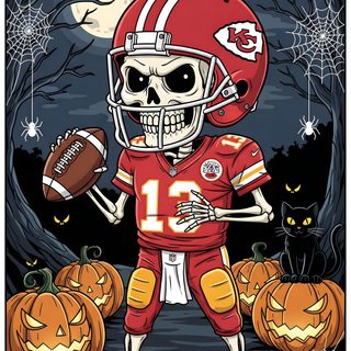 a skeleton football player holding a ball and pumpkins Chiefs Halloween Zombie Cheerleader, Vintage Halloween Decorations, Halloween Illustration, dark slate gray