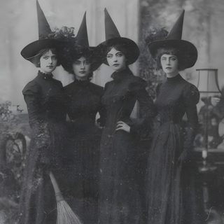 an old black and white photo of three women wearing witches hats Vintage Halloween Witch Famous Witch, Classic Witch, A Witch, Witchcraft Theme, dark slate gray