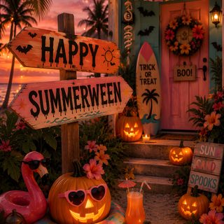 a sign that says happy summerween next to some pumpkins and flamingos Halloween Summerween Summerween, Summerween Aesthetic, Summerween Party, Tiki Hawaii, saddle brown