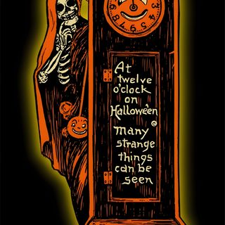 an orange and black clock with a skeleton on it's arm in the dark Beistle Halloween Antique Halloween Decorations, Vintage Halloween Collectibles, Vintage Halloween Collection, black