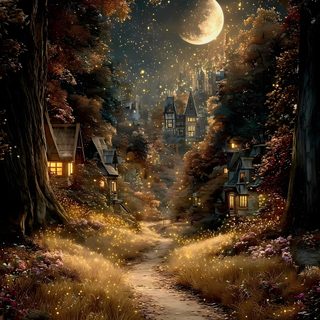 an image of a night time scene with trees and houses in the woods, all lit up by lanterns Enchanted Halloween Galaxies, Mystical Places, Pretty Nature Pictures, Fairytale Fantasies, black