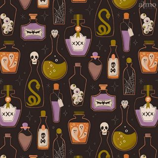 an image of bottles with skulls and bones on them in purple, orange and green colors Halloween Potion Halloween Vector Pattern, Halloween Pattern With Spooky Icons, Halloween Day Seamless Pattern Design, black
