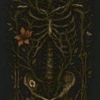 the skeleton is surrounded by branches and flowers in this illustration, it appears to be looking like an x - ray Halloween Plant Eco Horror Aesthetic, Nature Skeleton, Creepy Botanical Art, Botanical Skeleton Art, black