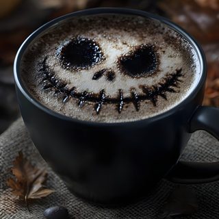 a cup of coffee with a face drawn in it on top of a table surrounded by leaves and pumpkins Halloween Coffee dark slate gray