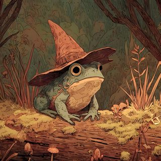 a frog with a hat sitting on top of a log in the woods next to skulls Halloween Forest Animals Illustrated Art, Feywild Creatures, Cute Frog Pictures, Nerd, dark olive green