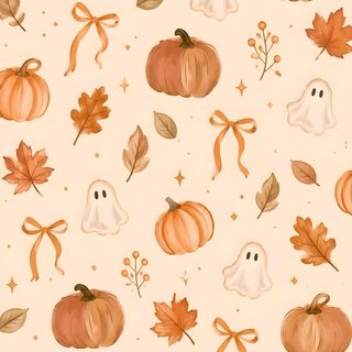 a white background with pumpkins, ghost and leaves Autumn Halloween blanched almond