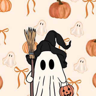 an image of a ghost with a broom and pumpkins on it's back Show Me Halloween Halloween Simple, Halloween Cute, Halloween, Ghost Halloween, Ghost And Bows, linen