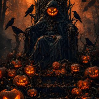 a chair made out of pumpkins in the middle of a forest with crows on it Scariest Halloween black