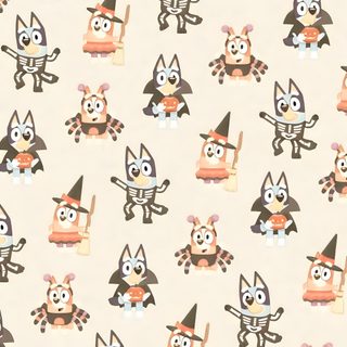 an animal themed wallpaper with lots of cats and witches Bluey Halloween Aesthetic Spooky Iphone, Bluey Halloween Background, Bluey And Bingo Halloween, antique white