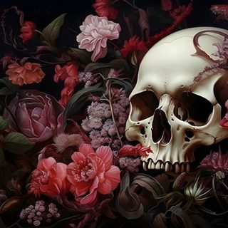 a skull surrounded by flowers and vines on a black background with pink, red and white flowers Halloween Skull For Desktop Dark Floral Art, Gothic Home Decor Inspiration, Gothic Skull Decor, black