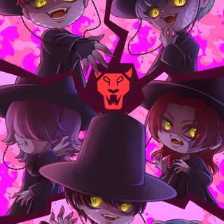 three witches with glowing eyes and yellow eyes, one holding a cat in her hand Halloween Kpop Demon Hunters K-pop Demon Hunter Fanart, I Pop Demon Hunters, Cute K-pop Demon Hunters, dark slate gray