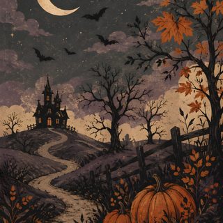 a painting of a house on a hill with pumpkins in the foreground and bats flying overhead Spooky Vintage Halloween dark slate gray