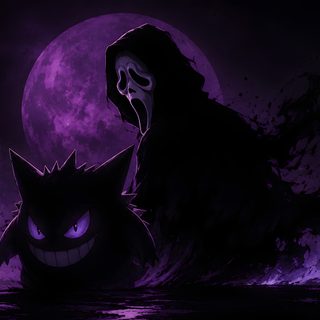 a person in the water with a cat on their back and a full moon behind them Gengar Halloween Ghost Faces, Ghost, Pokemon, Pokémon, black