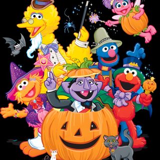an image of halloween characters with pumpkins and witches in the background on a black background Sesame Street Halloween Halloween Cartoon Print Fan Merchandise T-shirt, Halloween Hocus Pocus Black Cats Fabric, Disney Halloween T-shirt With Character Print, dark olive green