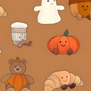 many different types of halloween items on a brown background with white ghost, pumpkins and leaves Preppy Halloween Desktop peru