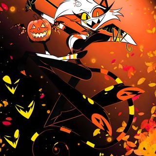 an image of a cat on a bike with pumpkins Halloween Hazbin Hotel Hazbin Hotel Thanksgiving, Hazbin Hotel Halloween, Hazbin Halloween, maroon