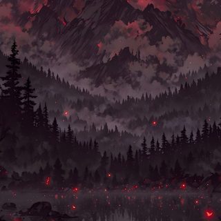 a red and black painting of a mountain with a dock in the foreground that is surrounded by water Halloween Mountain Pretty, Red Moon Forest, Fantasy World, Scenery, Dark Landscape Phone, dark slate gray