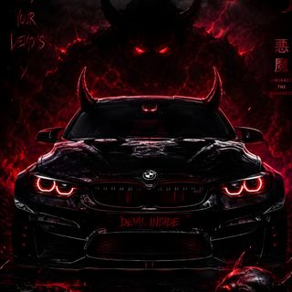 the front end of a black car with red lights and demon horns on it's hood Bmw Halloween black