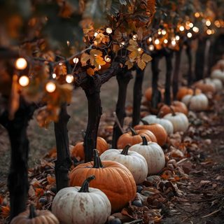 pumpkins lined up on the ground in rows with lights strung from trees behind them Pumpkin Spooky Halloween Pumpkin Cellphone Background, Fall Background, Witchy, dark slate gray
