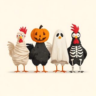 three chickens in halloween costumes standing next to each other with pumpkins on their heads Halloween Chicken Halloween Chicks, Animal Halloween Decorations, Halloween Animals Drawing, old lace